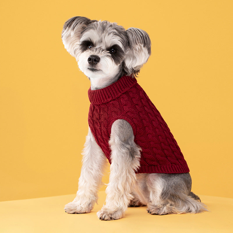 Autumn and winter pet dog cat warm solid color classic Fried Dough Twists sweater thickened turtleneck sweater