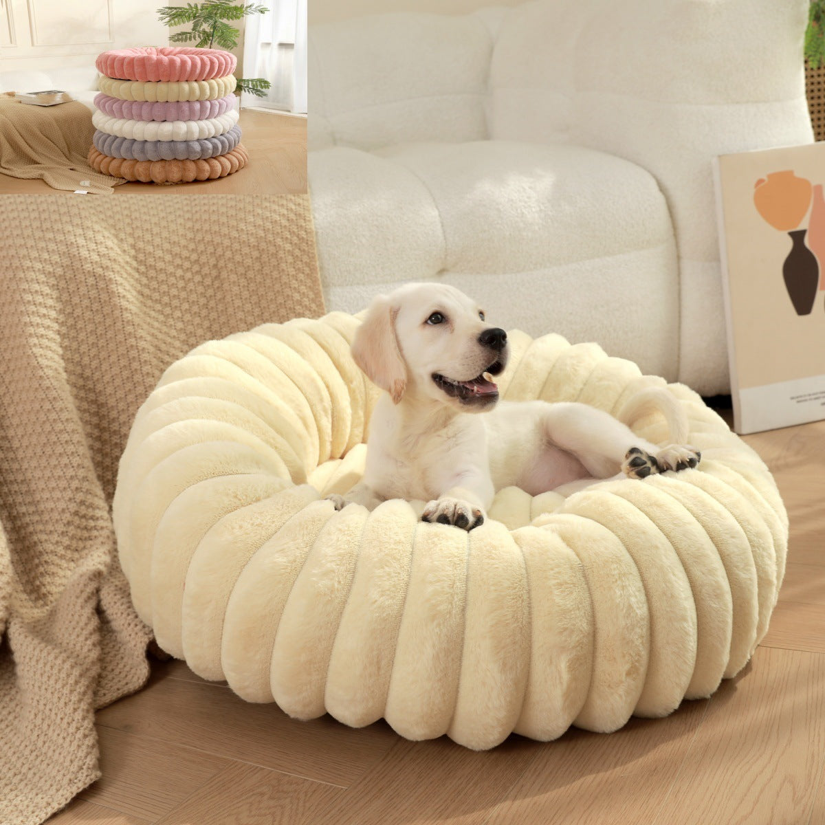 Pet bed high weight straight striped rabbit plush pet mat long hair round cat bed winter warm dog bed dog bed